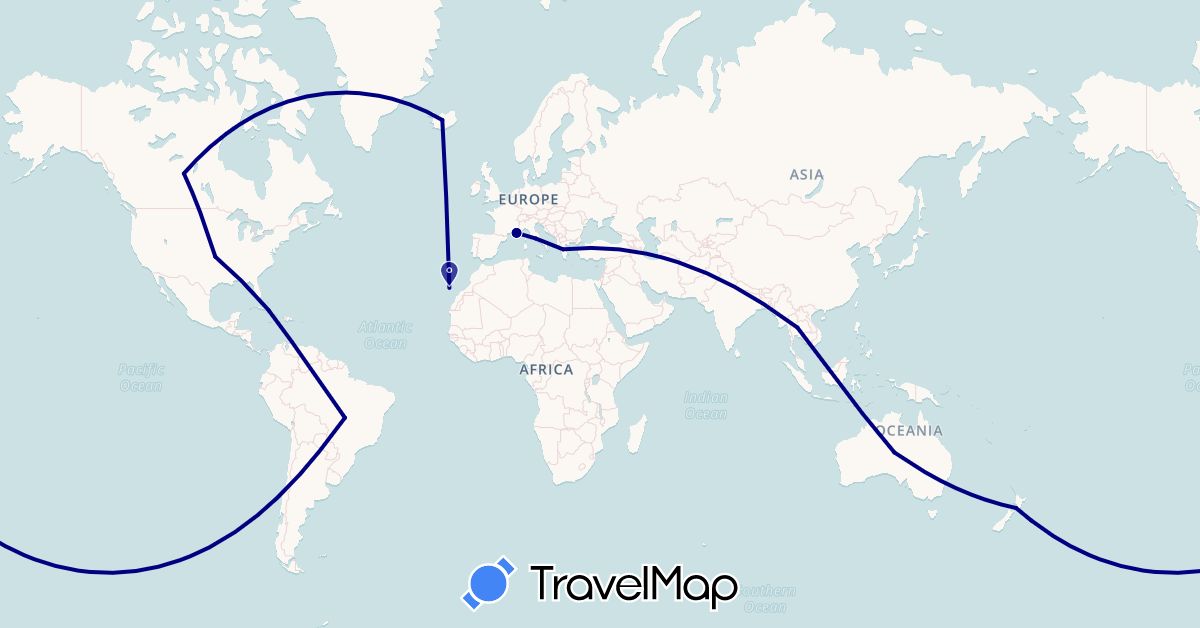 TravelMap itinerary: driving in Australia, Brazil, Canada, Cuba, Spain, France, Greece, Iceland, Italy, New Zealand, Thailand, United States (Asia, Europe, North America, Oceania, South America)
